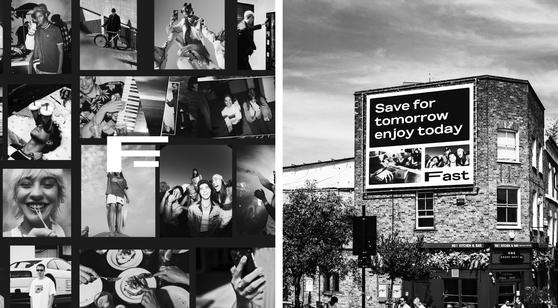 Fast, youth culture photo collage with 'Save for tomorrow enjoy today' billboard