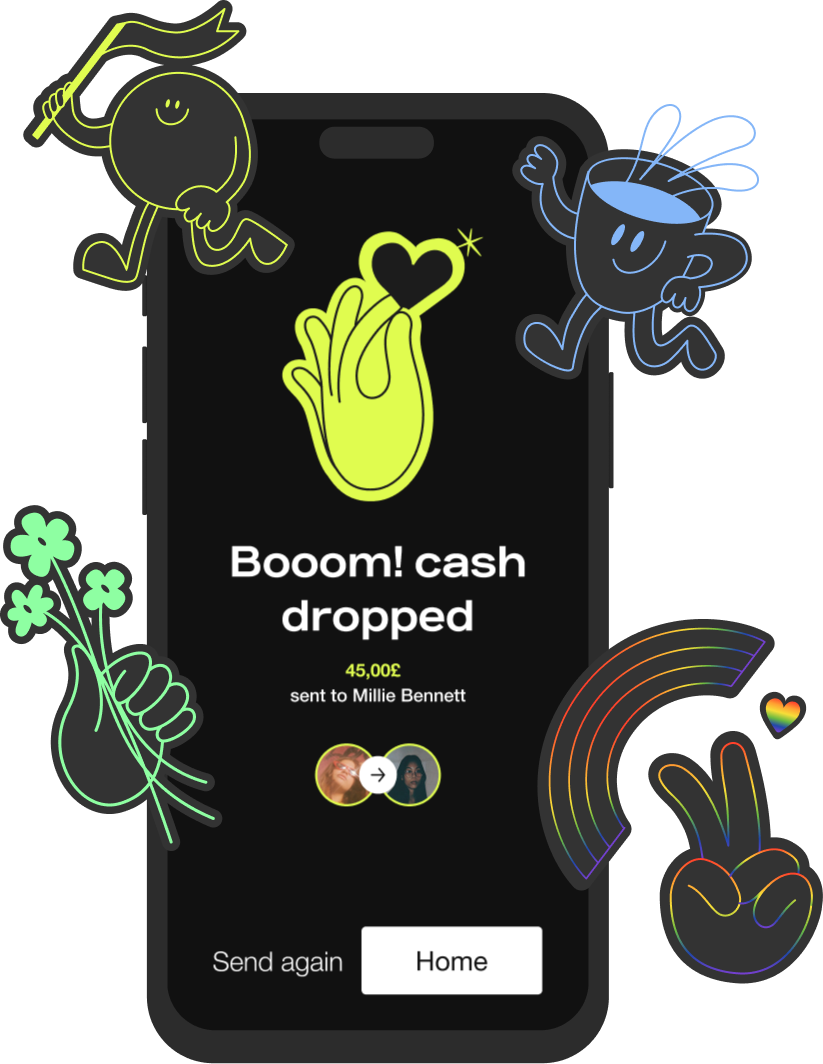 Fast, phone showing 'Booom! cash dropped' surrounded by neon character stickers