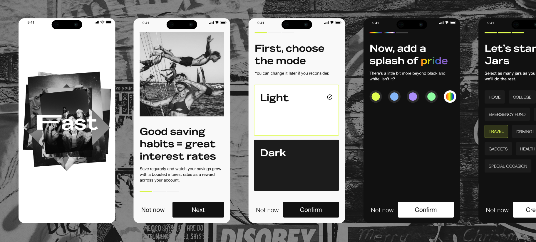 Fast, five app screens over urban photo background: Fast logo, saving habits, choose mode, accent color, jars