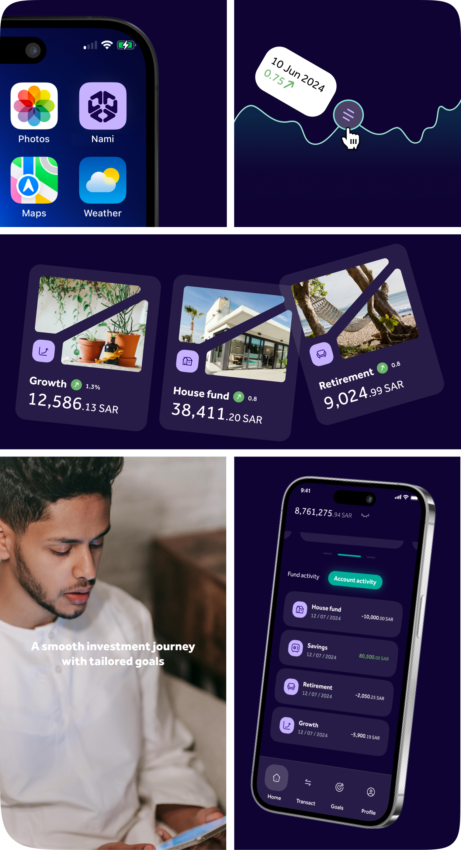 Nami, app icon, portfolio chart, portfolio cards, user photo and account activity