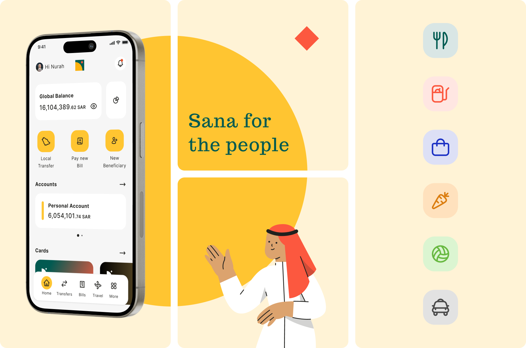 Sana, dashboard phone, 'Sana for the people' illustration, and category icons