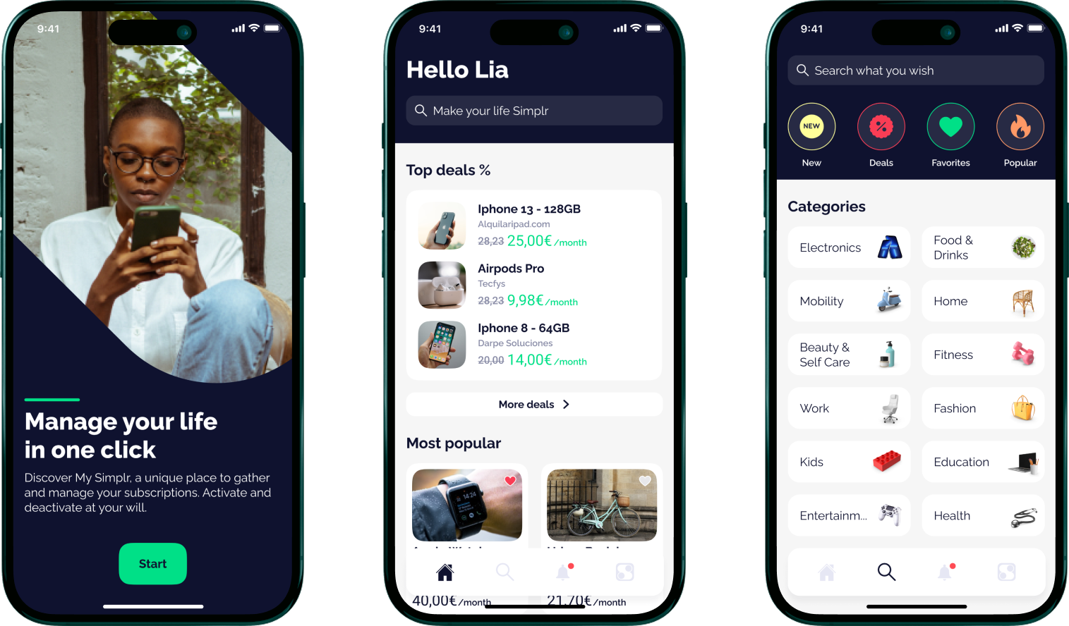 Simplr, three phone screens: Manage your life in one click, Hello Lia top deals, Search what you wish categories