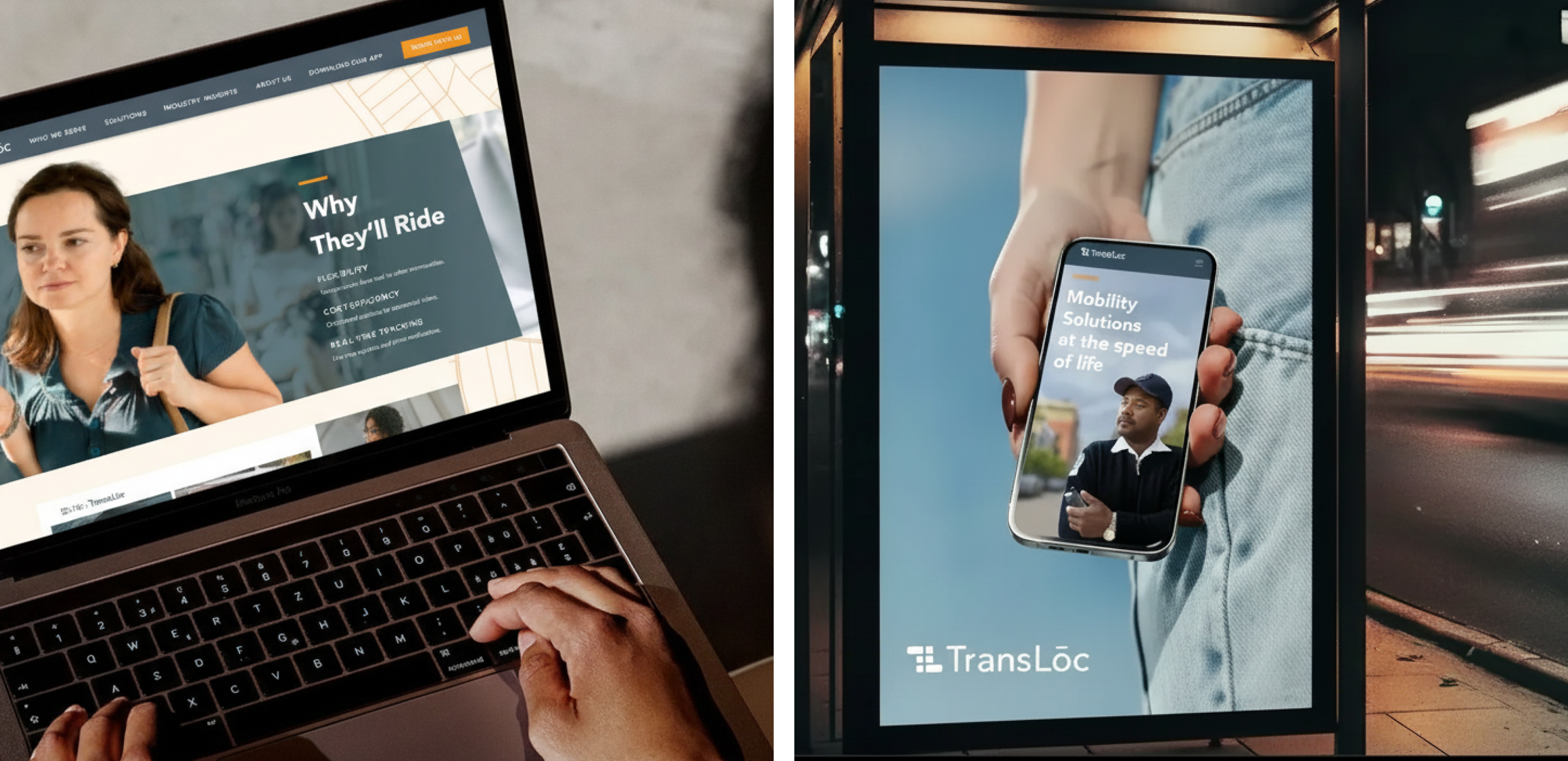 Transloc, Why They'll Ride laptop and Mobility Solutions bus-stop poster