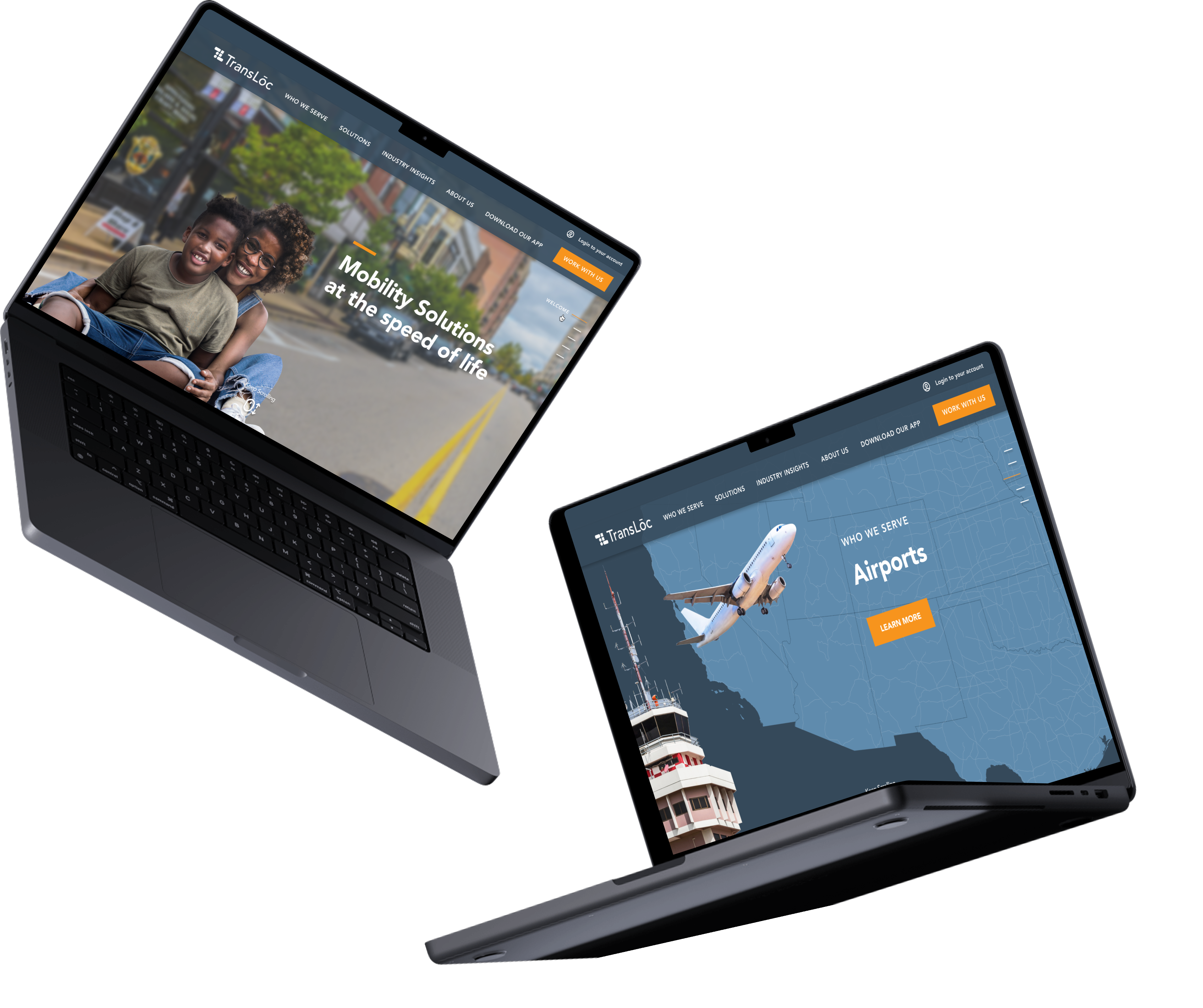 Transloc website on two floating MacBooks, Mobility Solutions at the speed of life and Airports